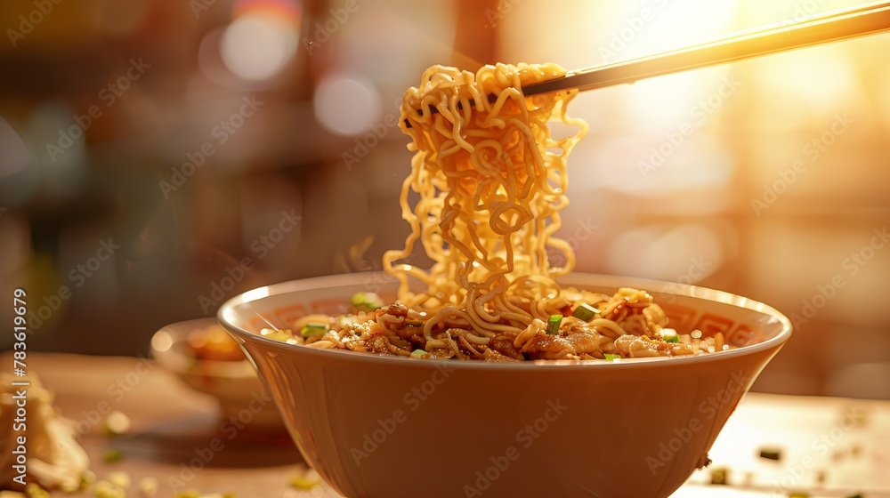 Poster play with depth of field to draw attention to a flying bowl of ramen under soft light ai generated i