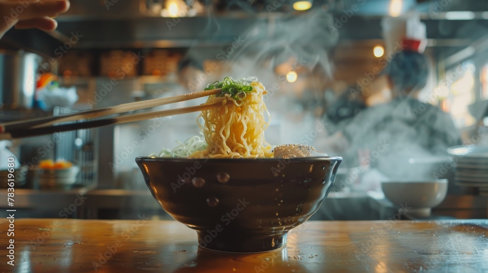 Poster play with depth of field to draw attention to a flying bowl of ramen under soft light ai generated i