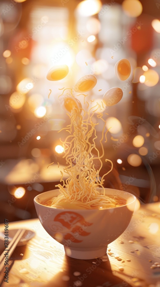 Poster play with depth of field to draw attention to a flying bowl of ramen under soft light ai generated i