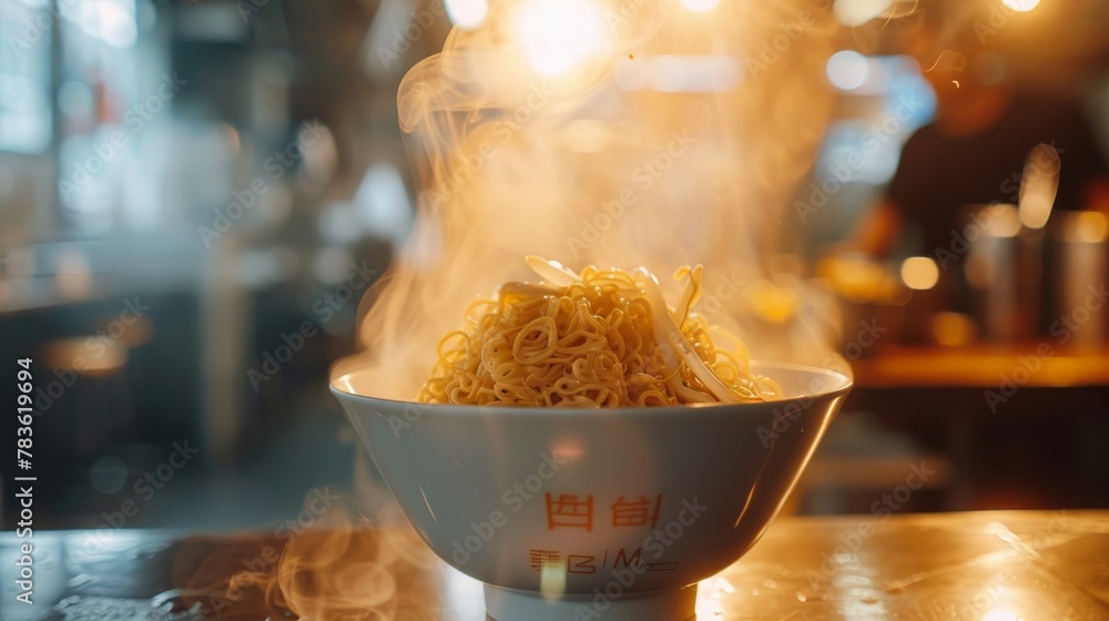 Poster play with depth of field to draw attention to a flying bowl of ramen under soft light ai generated i