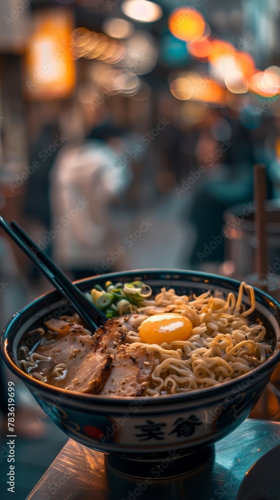 Poster play with depth of field to draw attention to a flying bowl of ramen under soft light ai generated i