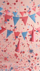 Party banners hanging in a celebration scene 3d style isolated flying objects memphis style 3d render   AI generated illustration