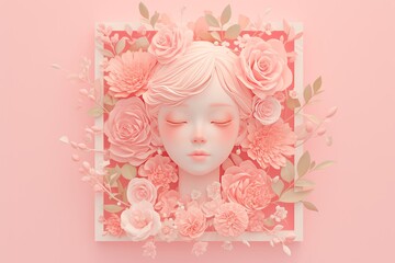 paper art of woman with flowers and leaves, pink background, in square frame 