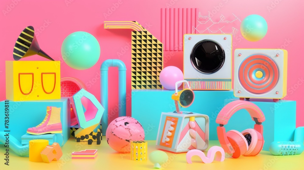 Poster playful 3d renderings with a retro twist 3d style isolated flying objects memphis style 3d render ai