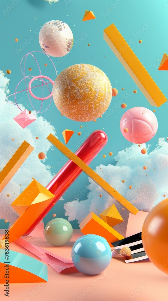 Poster playful and imaginative flying shapes in a retro-futuristic design 3d style isolated flying objects 