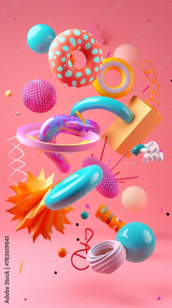 Poster playful and imaginative flying shapes in a retro-futuristic design 3d style isolated flying objects 