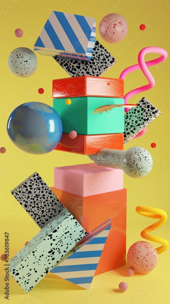 Poster playful and imaginative flying shapes in a retro-futuristic design 3d style isolated flying objects 