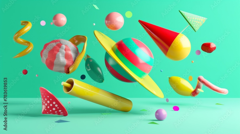 Poster playful and surreal 3d illustrations of floating objects 3d style isolated flying objects memphis st