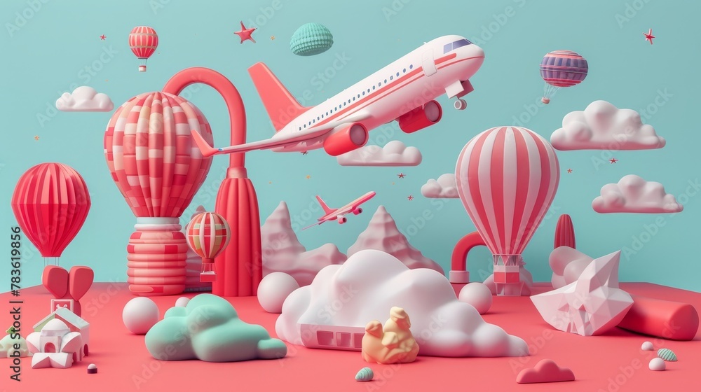 Aufkleber playful and surreal 3d renderings of travel motifs 3d style isolated flying objects memphis style 3d