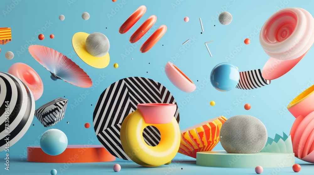 Poster playful and vibrant flying objects in a memphis-inspired color palette 3d style isolated flying obje