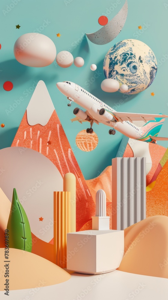 Aufkleber playful and surreal 3d renderings of travel motifs 3d style isolated flying objects memphis style 3d