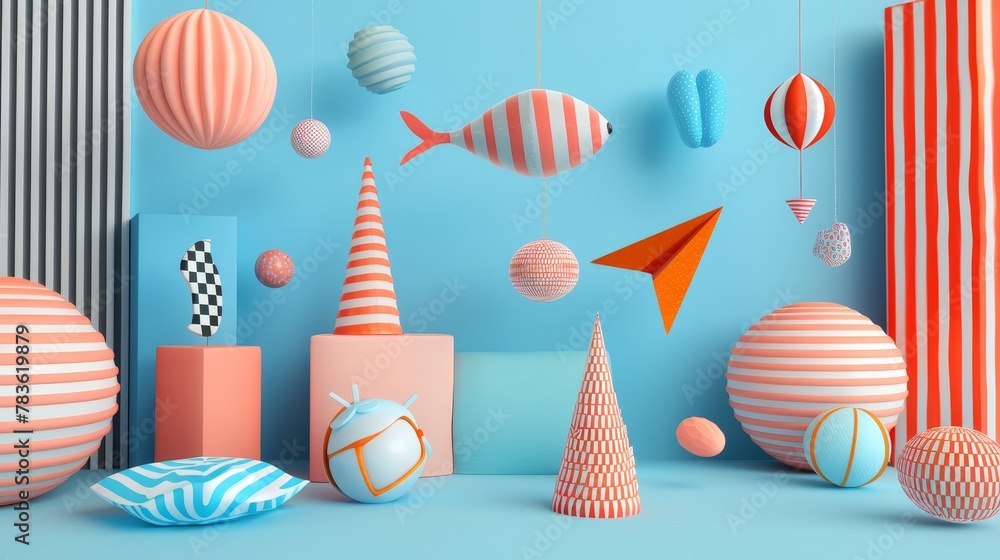 Poster playful and vibrant flying objects in a memphis-inspired color palette 3d style isolated flying obje