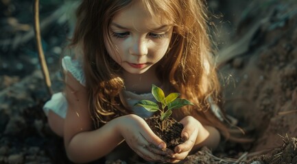 Little kids holding a small plant in soil with organic matter, tree seed