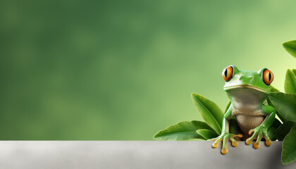 A green frog sits on a branch - obrazy, fototapety, plakaty