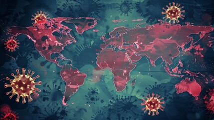 A map of the world showing the spread of a virus. The map shows how the virus has spread to many countries - obrazy, fototapety, plakaty
