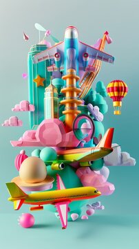 Playful and surreal 3d renderings of travel motifs 3d style isolated flying objects memphis style 3d render   AI generated illustration