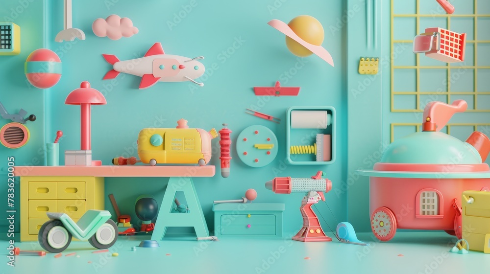Poster playful toy tool sets in a futuristic workshop 3d style isolated flying objects memphis style 3d ren