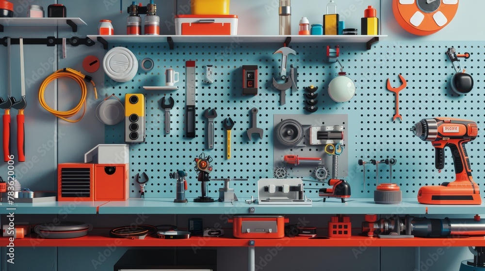 Poster playful toy tool sets in a futuristic workshop 3d style isolated flying objects memphis style 3d ren