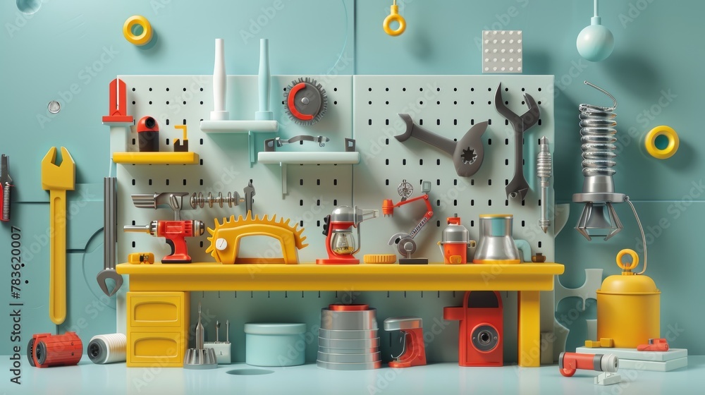 Poster playful toy tool sets in a futuristic workshop 3d style isolated flying objects memphis style 3d ren