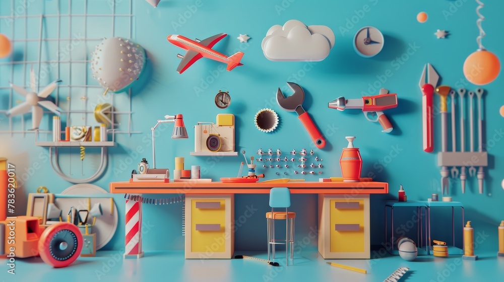 Poster Playful toy tool sets in a futuristic workshop 3d style isolated flying objects memphis style 3d render   AI generated illustration