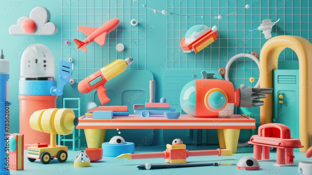 Poster playful toy tool sets in a futuristic workshop 3d style isolated flying objects memphis style 3d ren