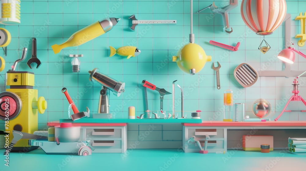 Poster playful toy tool sets in a futuristic workshop 3d style isolated flying objects memphis style 3d ren