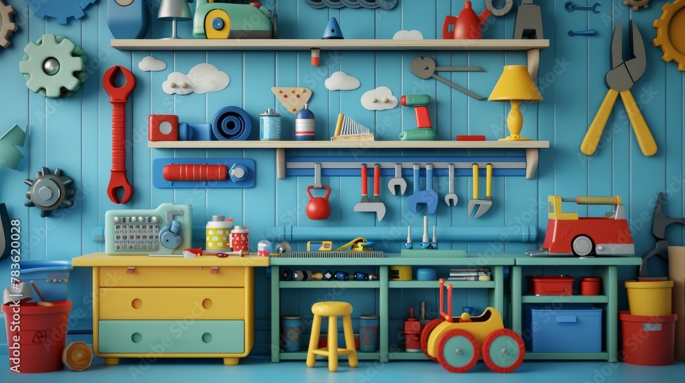 Poster playful toy tool sets in a futuristic workshop 3d style isolated flying objects memphis style 3d ren