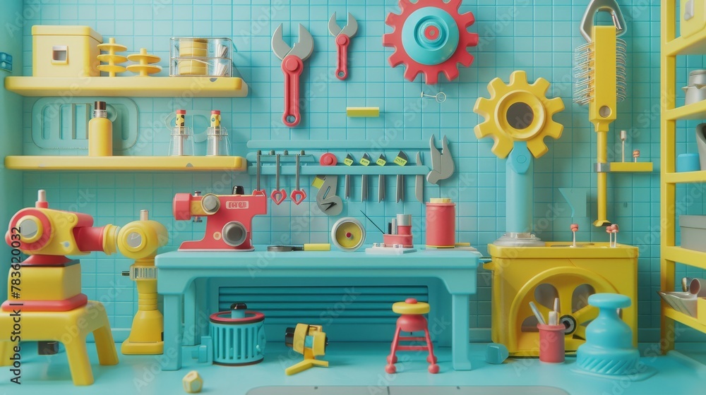 Poster playful toy tool sets in a futuristic workshop 3d style isolated flying objects memphis style 3d ren