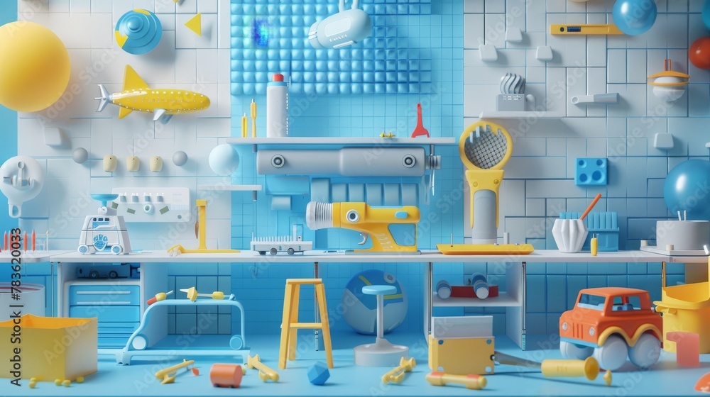 Poster playful toy tool sets in a futuristic workshop 3d style isolated flying objects memphis style 3d ren