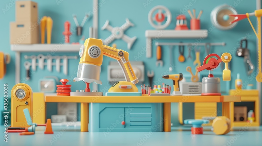 Poster playful toy tool sets in a futuristic workshop 3d style isolated flying objects memphis style 3d ren