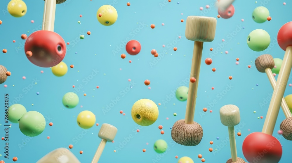 Aufkleber polo mallets and balls floating 3d style isolated flying objects memphis style 3d render ai generate
