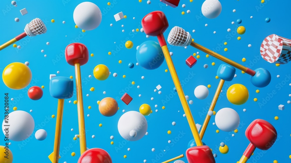 Poster polo mallets and balls floating 3d style isolated flying objects memphis style 3d render ai generate
