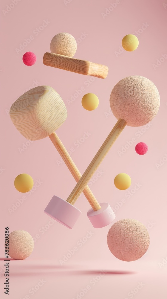 Aufkleber polo mallets and balls floating 3d style isolated flying objects memphis style 3d render ai generate