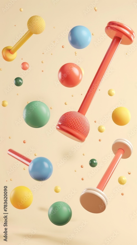 Poster polo mallets and balls floating 3d style isolated flying objects memphis style 3d render ai generate