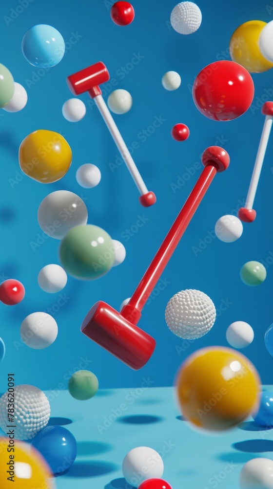 Poster polo mallets and balls floating 3d style isolated flying objects memphis style 3d render ai generate