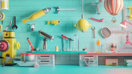 Foto op Plexiglas Playful toy tool sets in a futuristic workshop 3d style isolated flying objects memphis style 3d render   AI generated illustration © ArtStage