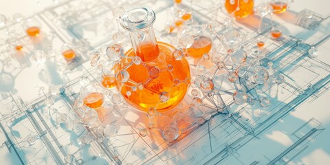 white and orange carbon molecules on a light background