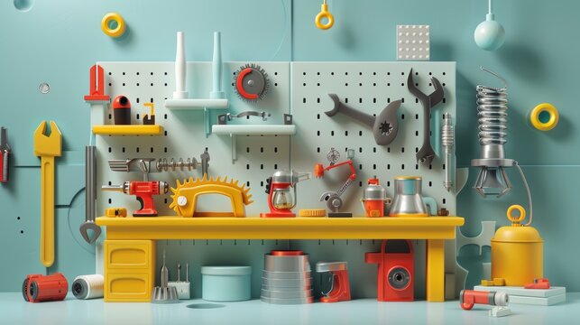 Playful toy tool sets in a futuristic workshop 3d style isolated flying objects memphis style 3d render   AI generated illustration
