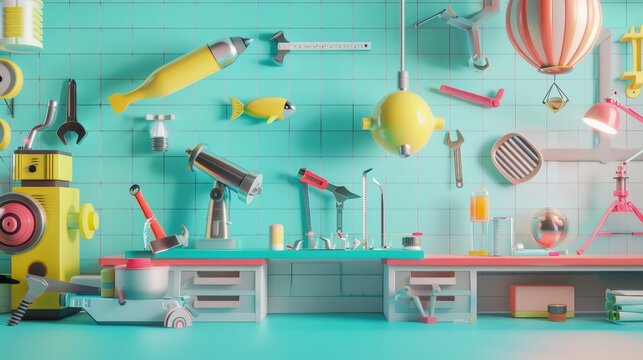 Playful toy tool sets in a futuristic workshop 3d style isolated flying objects memphis style 3d render   AI generated illustration