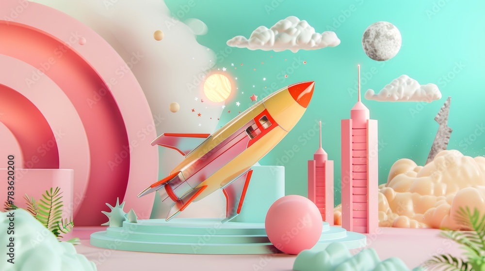 Poster quirky and imaginative flying objects in a retro-futuristic setting 3d style isolated flying objects