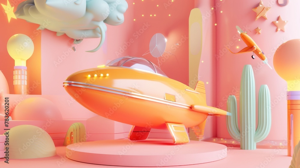 Poster quirky and imaginative flying objects in a retro-futuristic setting 3d style isolated flying objects