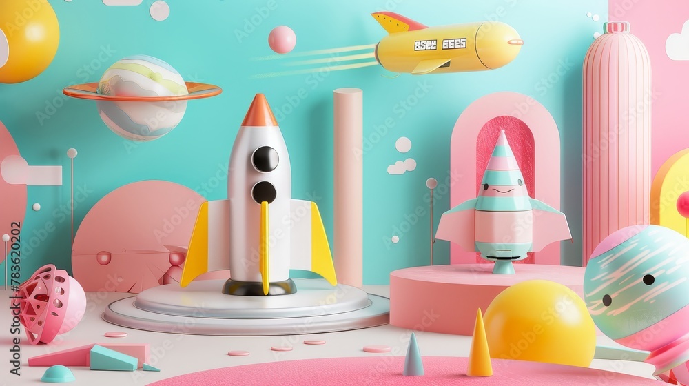 Poster Quirky and imaginative flying objects in a retro-futuristic setting 3d style isolated flying objects memphis style 3d render  AI generated illustration