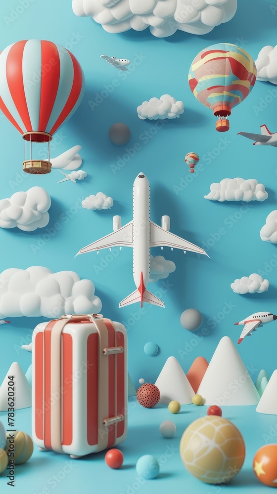 Poster quirky and imaginative 3d renderings of travel motifs in flight 3d style isolated flying objects mem