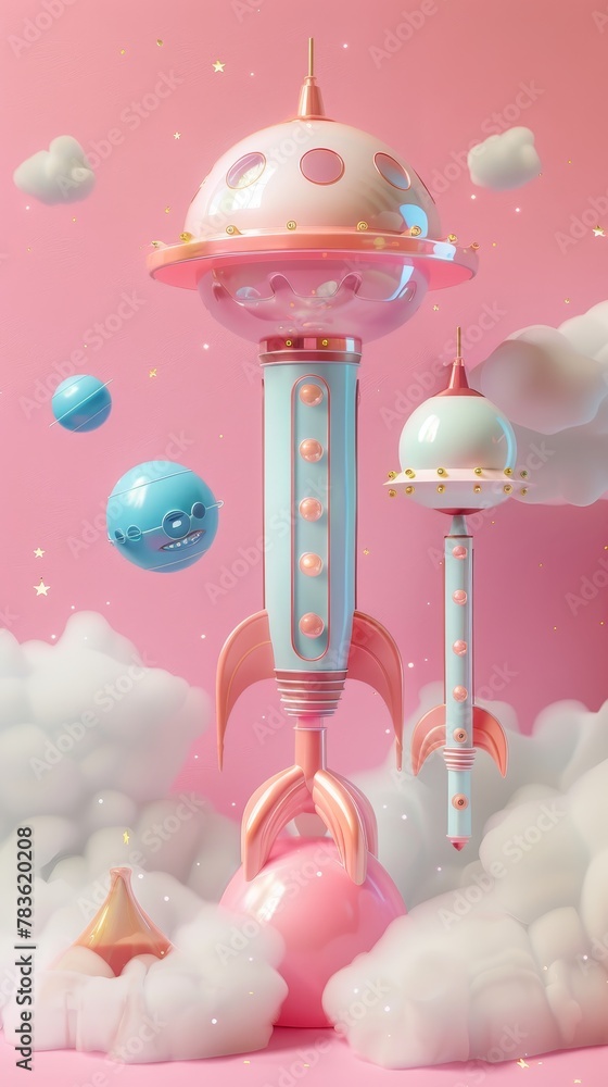 Poster Quirky and imaginative flying objects in a retro-futuristic setting 3d style isolated flying objects memphis style 3d render   AI generated illustration