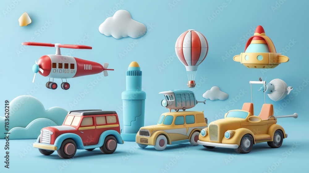 Poster quirky toy vehicles and transportation devices 3d style isolated flying objects memphis style 3d ren