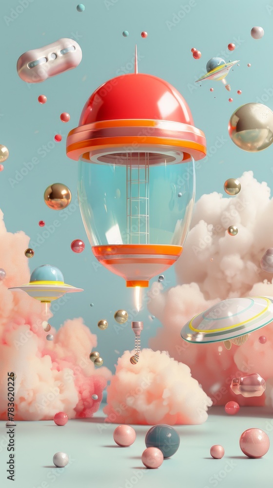 Poster quirky and imaginative flying objects in a retro-futuristic setting 3d style isolated flying objects