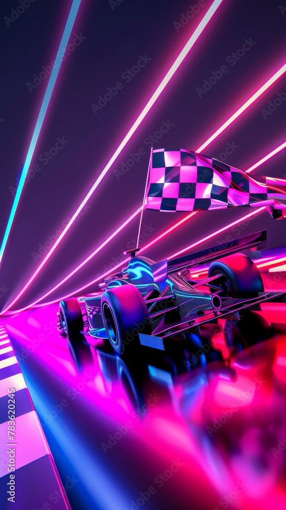 Poster racing car and checkered flag in a neon color palette 3d style isolated flying objects memphis style