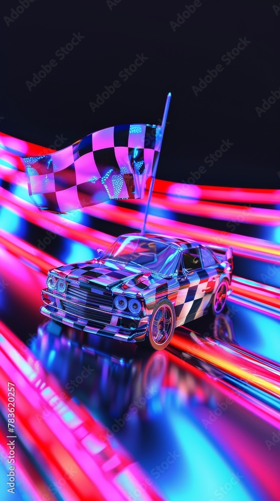 Poster racing car and checkered flag in a neon color palette 3d style isolated flying objects memphis style