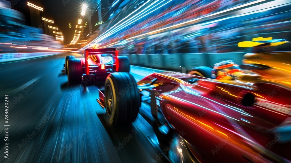 Wall mural racing cars zooming past in a vibrant scene ai generated illustration