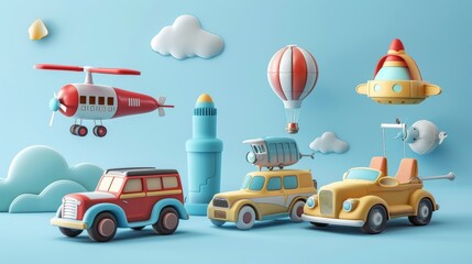 Obraz na płótnie Canvas Quirky toy vehicles and transportation devices 3d style isolated flying objects memphis style 3d render AI generated illustration